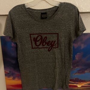 Obey Women's Heather Gray Tee with Maroon Logo